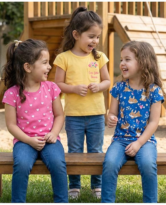 Babyhug Cotton Knit Half Sleeves T Shirt with Heart & Animal Print Pack of 3 - Pink & Blue