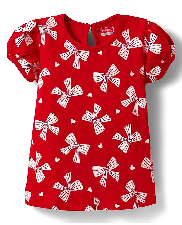 Babyhug 100% Cotton Knit Half Puffed Sleeves T-Shirts with Bow & Heart Print Pack of 3 - Red White & Navy Blue