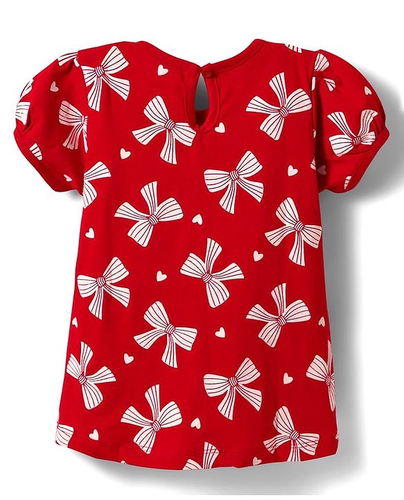 Babyhug 100% Cotton Knit Half Puffed Sleeves T-Shirts with Bow & Heart Print Pack of 3 - Red White & Navy Blue