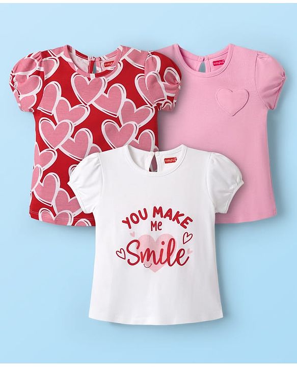 Babyhug 100% Cotton Knit T-Shirts with Text Heart Print & Patch Detailing Pack of 3 - Red Pink & White