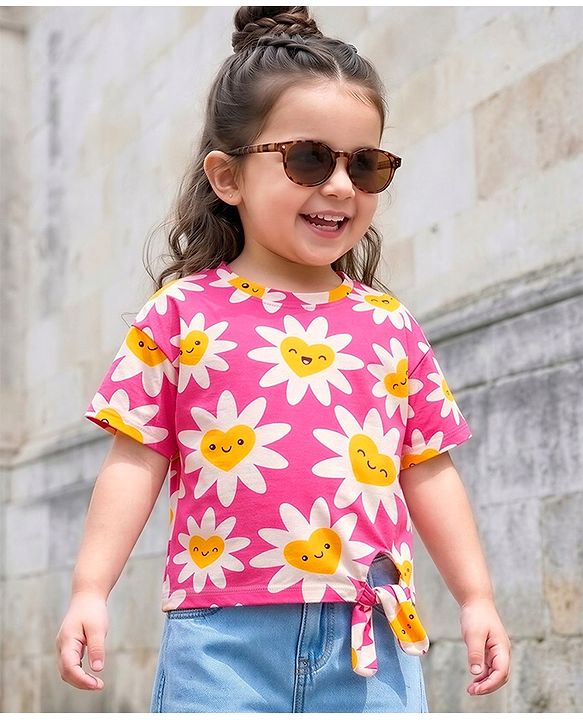 Babyhug 100% Cotton Knit Half Sleeves T-Shirt with Floral Print - Pink