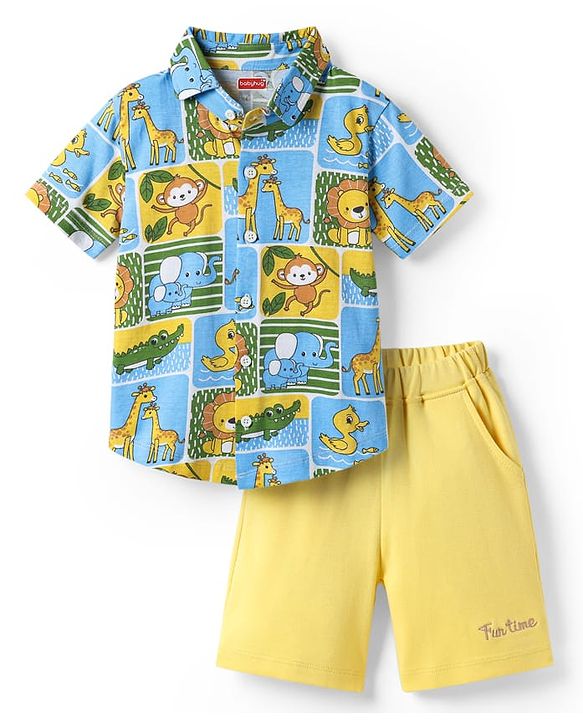 Babyhug Interlock Knit Half Sleeves Shirt & Shorts Set With Animal Print - Light Blue & Yellow