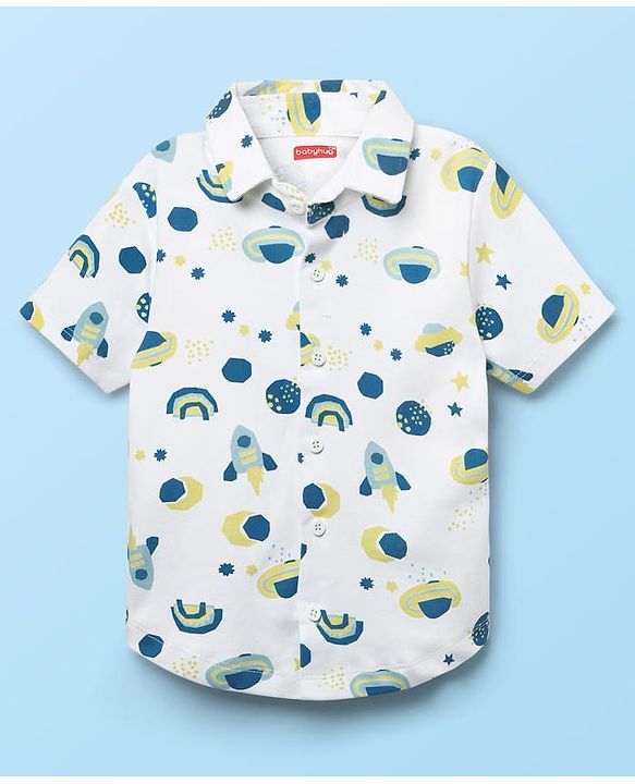 Babyhug Interlock Knit Half Sleeves Shirts & Shorts Set With Space Theme Print - White & Grey