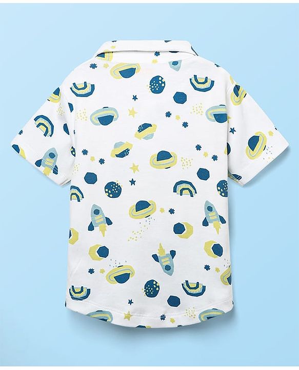 Babyhug Interlock Knit Half Sleeves Shirts & Shorts Set With Space Theme Print - White & Grey