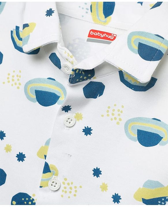 Babyhug Interlock Knit Half Sleeves Shirts & Shorts Set With Space Theme Print - White & Grey