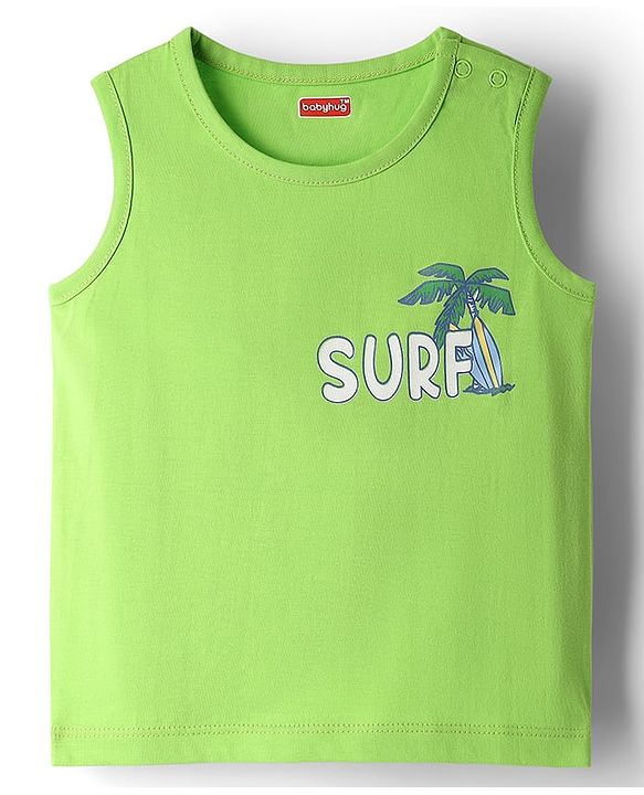 Babyhug Single Jersey Knit Sleeveless Tank T-Shirt & Shorts Set with Beach Theme Print - Navy Blue & Lime Green