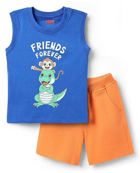 Babyhug Single Jersey Knit Sleeveless Tank T-Shirt & Shorts Set with Animal Print - Blue & Orange