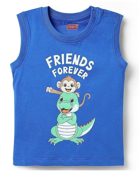 Babyhug Single Jersey Knit Sleeveless Tank T-Shirt & Shorts Set with Animal Print - Blue & Orange