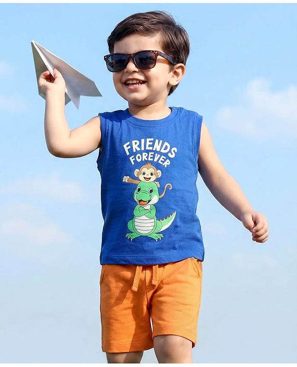 Babyhug Single Jersey Knit Sleeveless Tank T-Shirt & Shorts Set with Animal Print - Blue & Orange