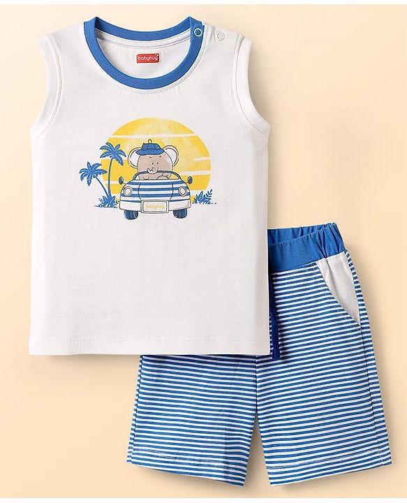 Babyhug 100% Cotton Interlock Knit Sleeveless Tank T-Shirt & Striped Shorts Set With Elephant Print - White & Blue