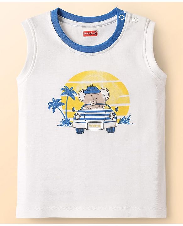 Babyhug 100% Cotton Interlock Knit Sleeveless Tank T-Shirt & Striped Shorts Set With Elephant Print - White & Blue