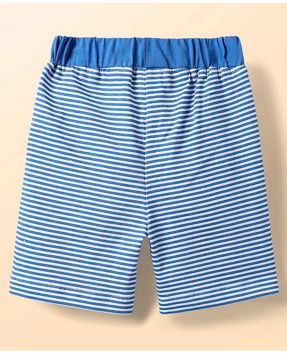 Babyhug 100% Cotton Interlock Knit Sleeveless Tank T-Shirt & Striped Shorts Set With Elephant Print - White & Blue