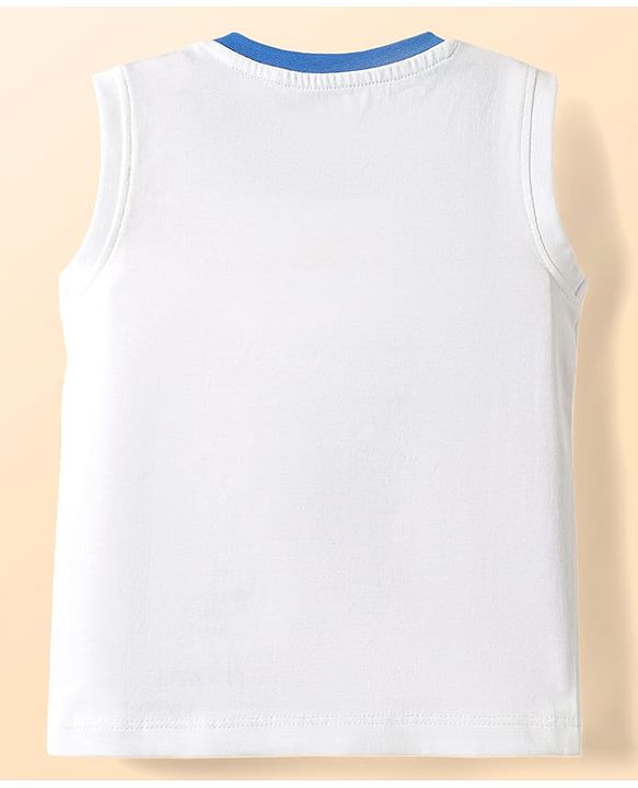 Babyhug 100% Cotton Interlock Knit Sleeveless Tank T-Shirt & Striped Shorts Set With Elephant Print - White & Blue
