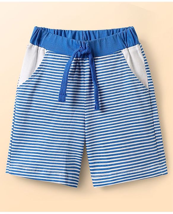 Babyhug 100% Cotton Interlock Knit Sleeveless Tank T-Shirt & Striped Shorts Set With Elephant Print - White & Blue