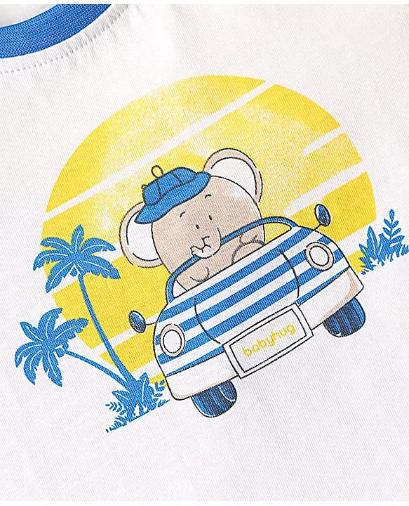 Babyhug 100% Cotton Interlock Knit Sleeveless Tank T-Shirt & Striped Shorts Set With Elephant Print - White & Blue