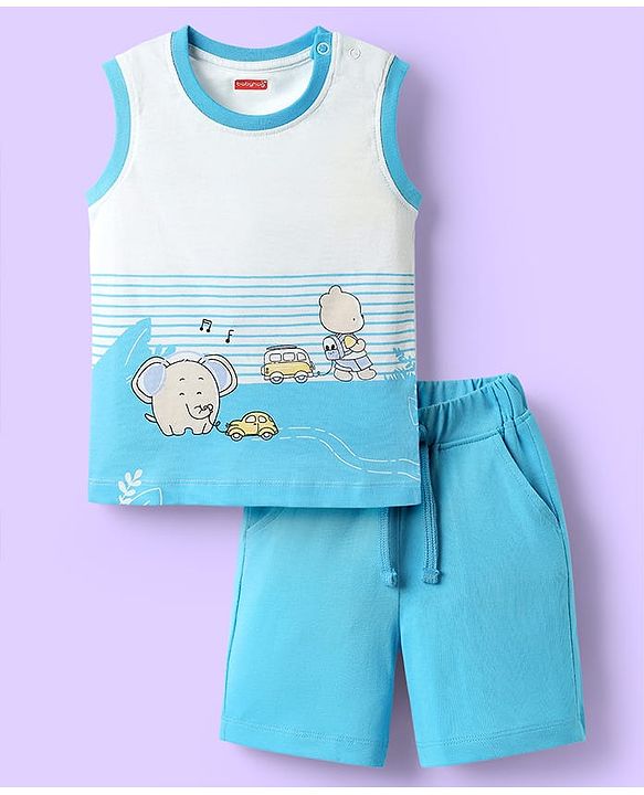 Babyhug Single Jersey Knit Sleeveless Tank T-Shirt & Shorts Set with Animal Print - Light Blue