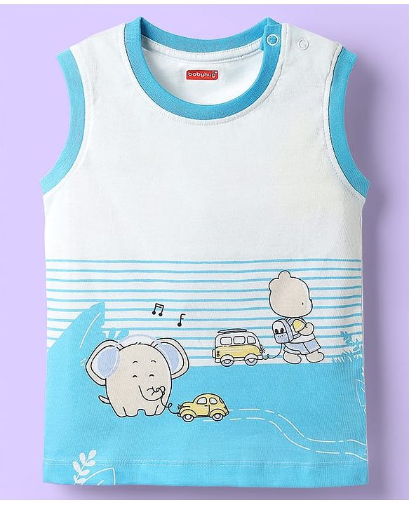 Babyhug Single Jersey Knit Sleeveless Tank T-Shirt & Shorts Set with Animal Print - Light Blue