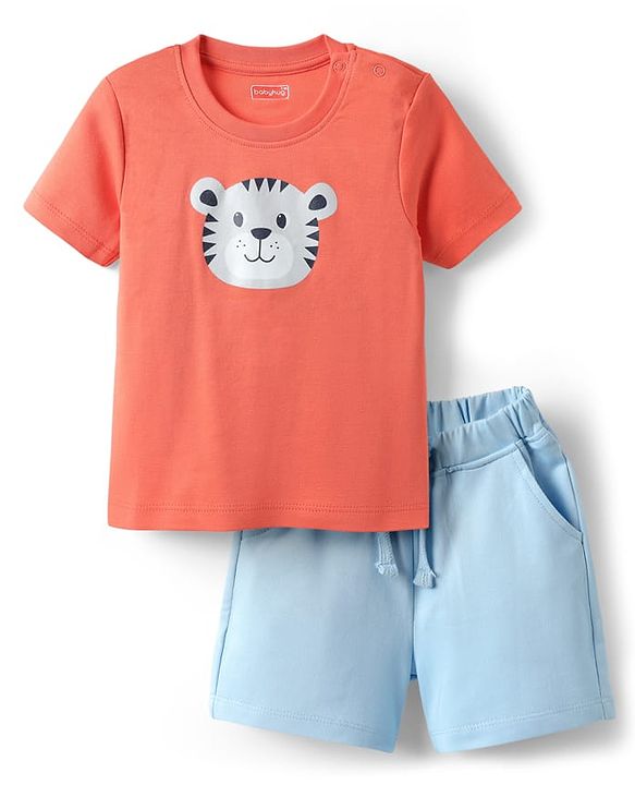 Babyhug Interlock Knit Half Sleeves T-Shirt & Shorts Set With Tiger Print - Red & Blue