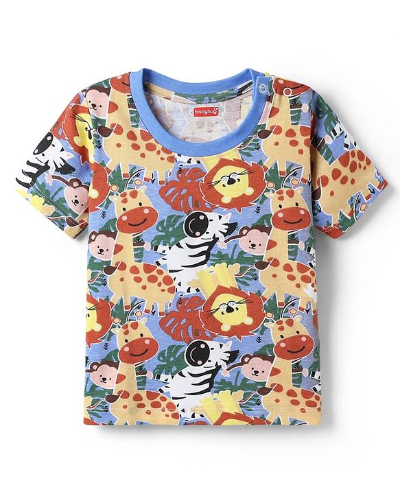 Babyhug Interlock Knit Half Sleeves T-Shirt & Shorts Set with Jungle Theme Print - Light Blue