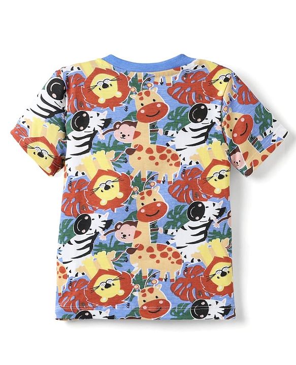 Babyhug Interlock Knit Half Sleeves T-Shirt & Shorts Set with Jungle Theme Print - Light Blue