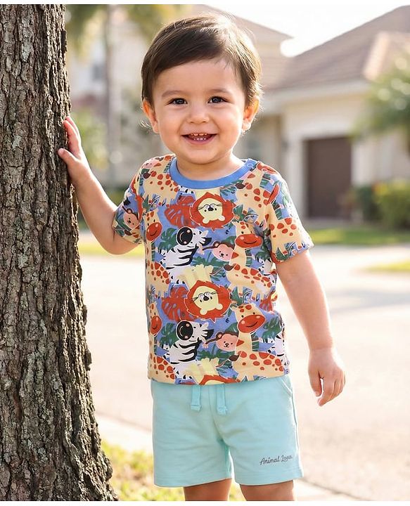 Babyhug Interlock Knit Half Sleeves T-Shirt & Shorts Set with Jungle Theme Print - Light Blue