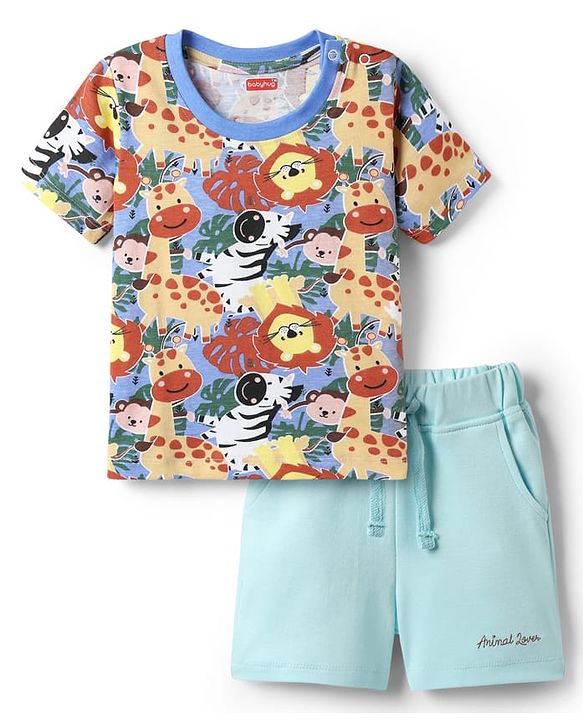 Babyhug Interlock Knit Half Sleeves T-Shirt & Shorts Set with Jungle Theme Print - Light Blue
