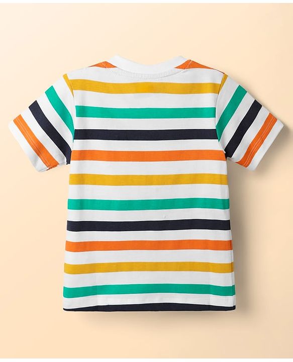 Babyhug Single Jersey Knit Half Sleeves T-Shirt & Shorts Set With Stripes & Animal Patch - Rust Orange