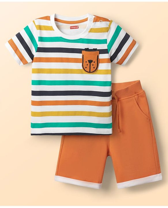Babyhug Single Jersey Knit Half Sleeves T-Shirt & Shorts Set With Stripes & Animal Patch - Rust Orange