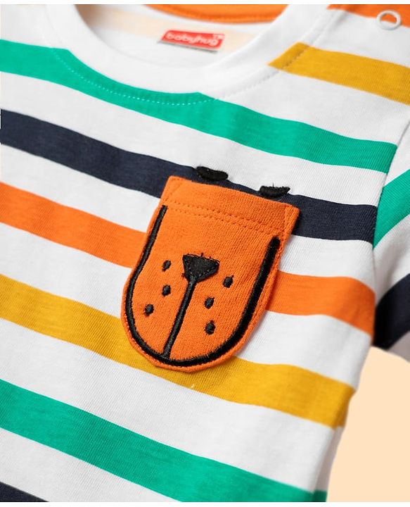 Babyhug Single Jersey Knit Half Sleeves T-Shirt & Shorts Set With Stripes & Animal Patch - Rust Orange