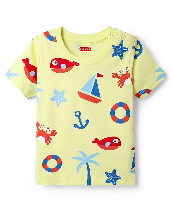 Babyhug Single Jersey Knit Half Sleeves T-Shirt & Shorts Set with Nautical Theme Print - Yellow & Navy Blue