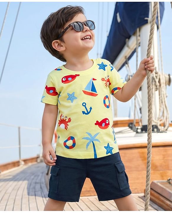 Babyhug Single Jersey Knit Half Sleeves T-Shirt & Shorts Set with Nautical Theme Print - Yellow & Navy Blue