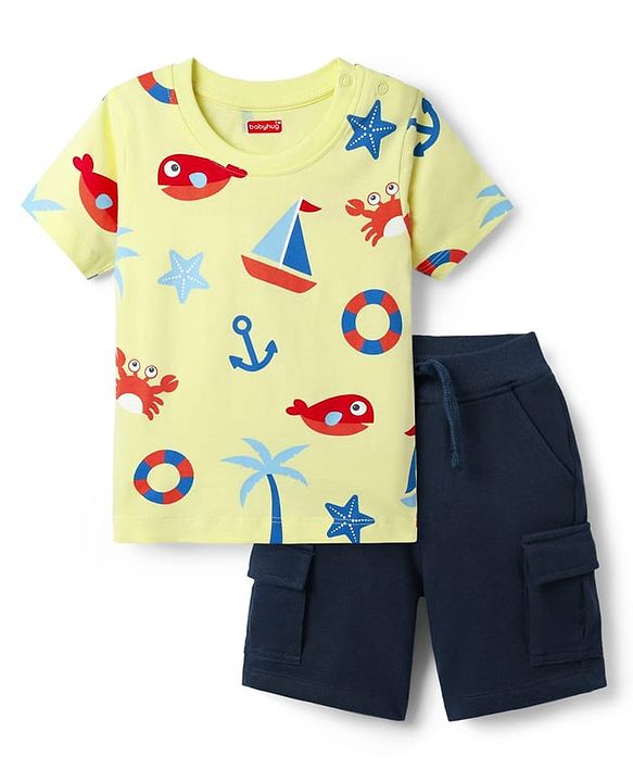 Babyhug Single Jersey Knit Half Sleeves T-Shirt & Shorts Set with Nautical Theme Print - Yellow & Navy Blue