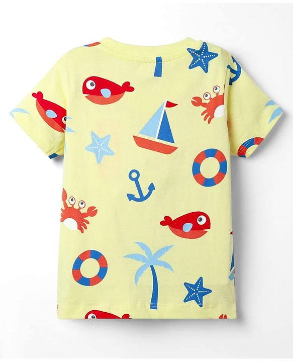Babyhug Single Jersey Knit Half Sleeves T-Shirt & Shorts Set with Nautical Theme Print - Yellow & Navy Blue