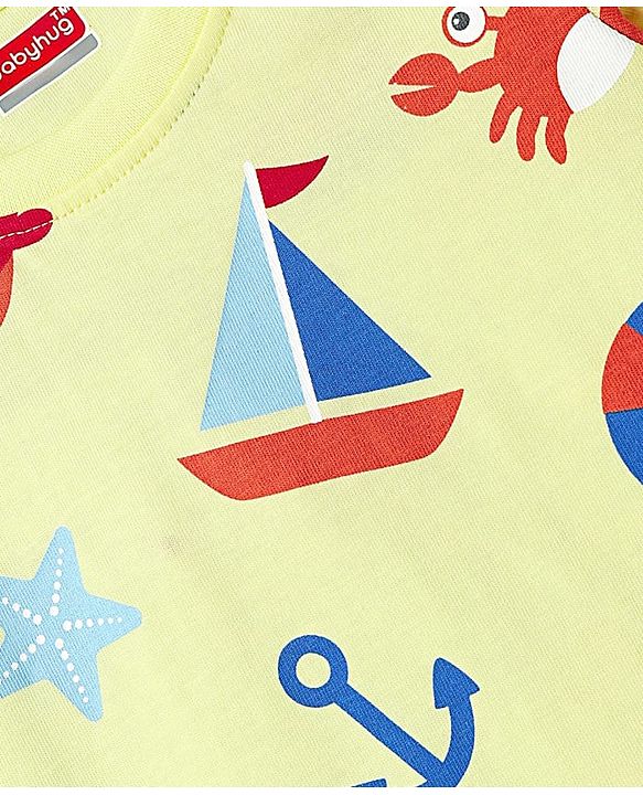 Babyhug Single Jersey Knit Half Sleeves T-Shirt & Shorts Set with Nautical Theme Print - Yellow & Navy Blue
