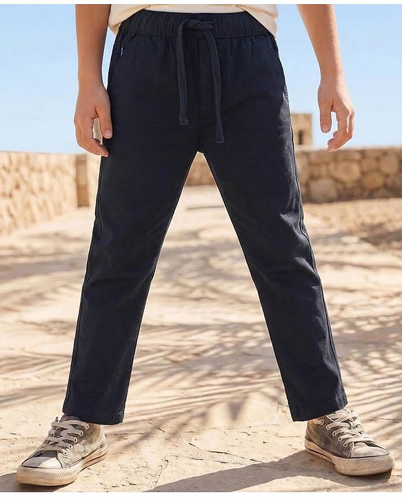 Pine Kids Cotton Elastane Woven Full Length Solid Colour Trouser Pant - Black