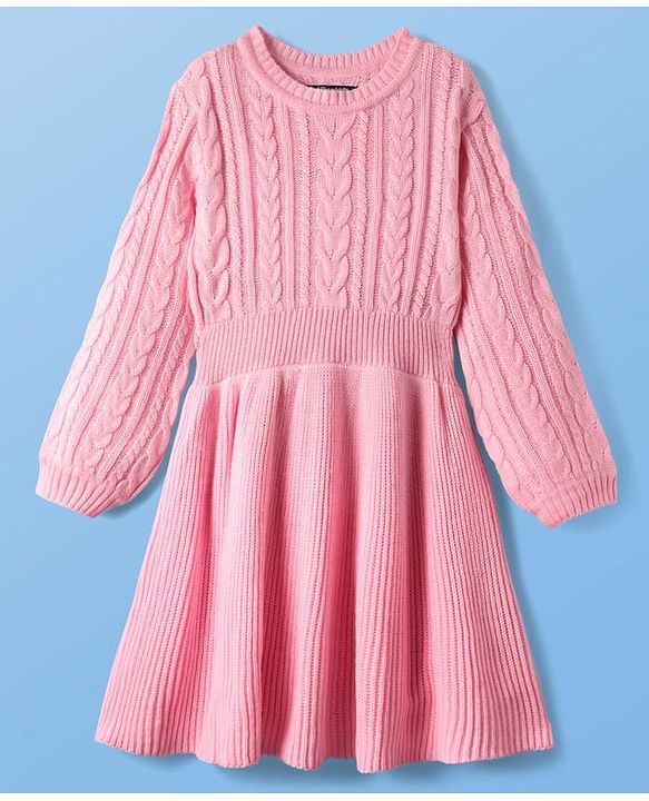Pine Kids Knit Full Sleeves Woolen Dress  with Cable Knit Design - Pink