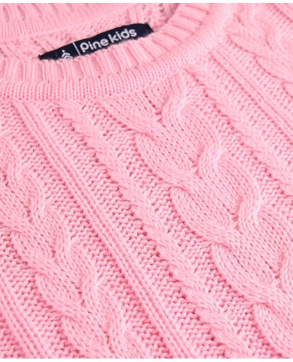 Pine Kids Knit Full Sleeves Woolen Dress  with Cable Knit Design - Pink
