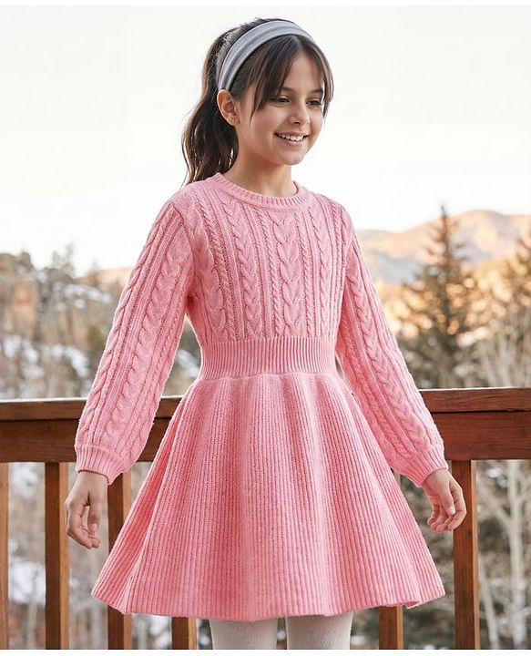 Pine Kids Knit Full Sleeves Woolen Dress  with Cable Knit Design - Pink