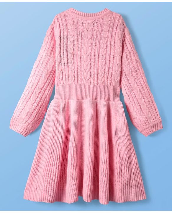 Pine Kids Knit Full Sleeves Woolen Dress  with Cable Knit Design - Pink