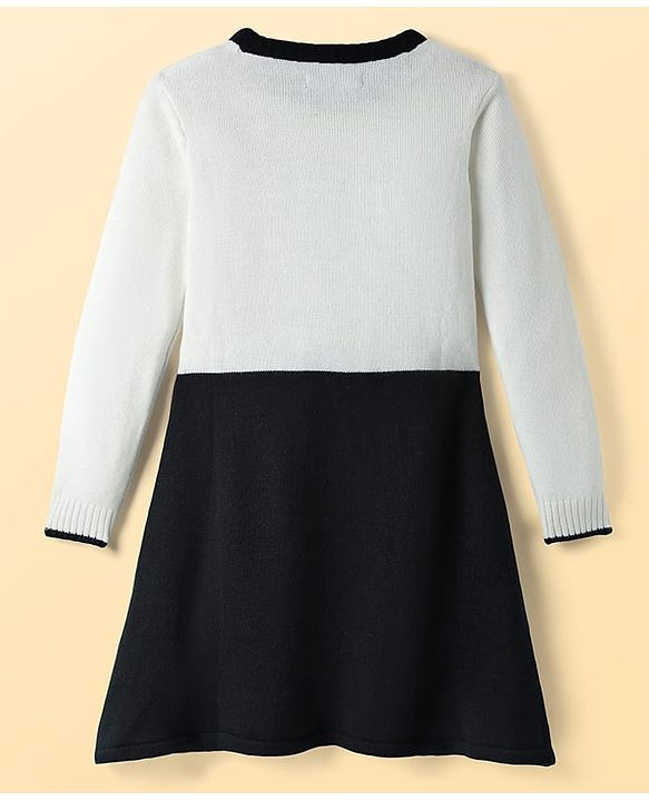 Pine Kids Knit Full Sleeves Solid Color Woolen Dress - Black & White