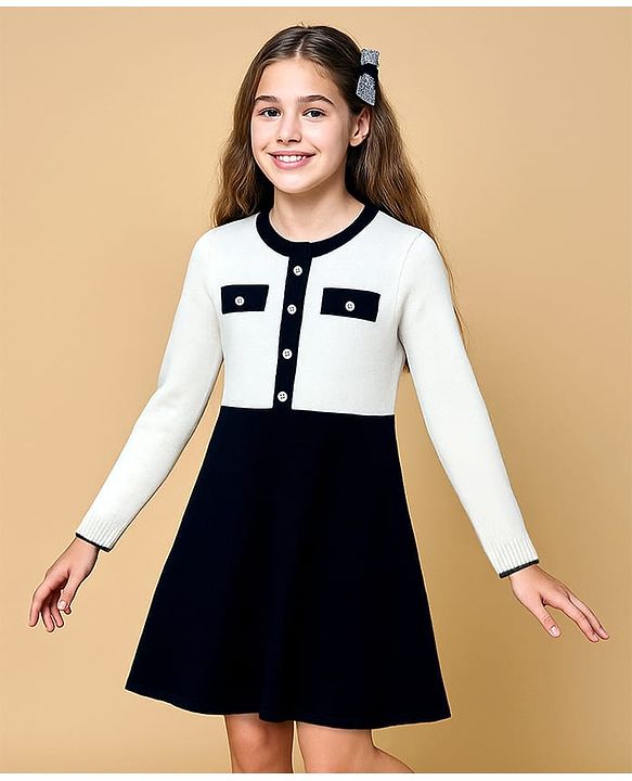 Pine Kids Knit Full Sleeves Solid Color Woolen Dress - Black & White