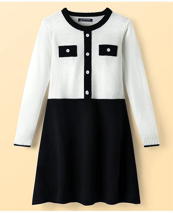 Pine Kids Knit Full Sleeves Solid Color Woolen Dress - Black & White