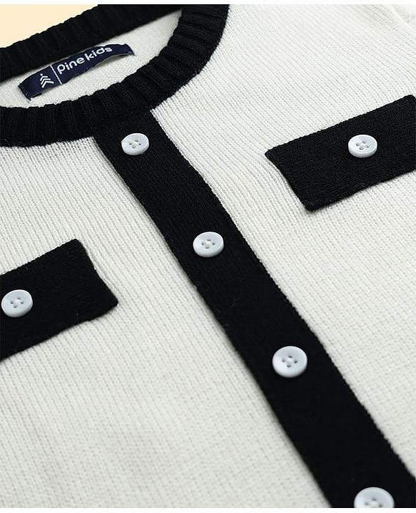 Pine Kids Knit Full Sleeves Solid Color Woolen Dress - Black & White