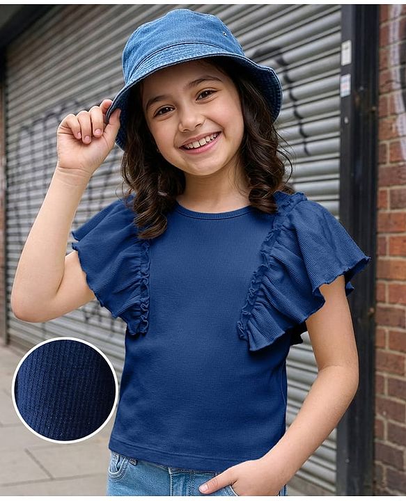 Pine Kids Cotton Knit Half Sleeves Top with Frill Detailing - Navy Blue