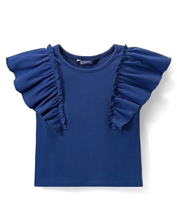 Pine Kids Cotton Knit Half Sleeves Top with Frill Detailing - Navy Blue