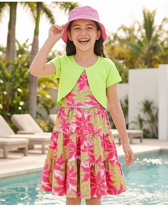 Pine Kids Cotton Knit Frock & Half Sleeves Shrug With Floral Print - Multicolor