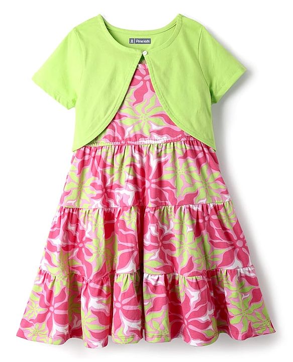 Pine Kids Cotton Knit Frock & Half Sleeves Shrug With Floral Print - Multicolor