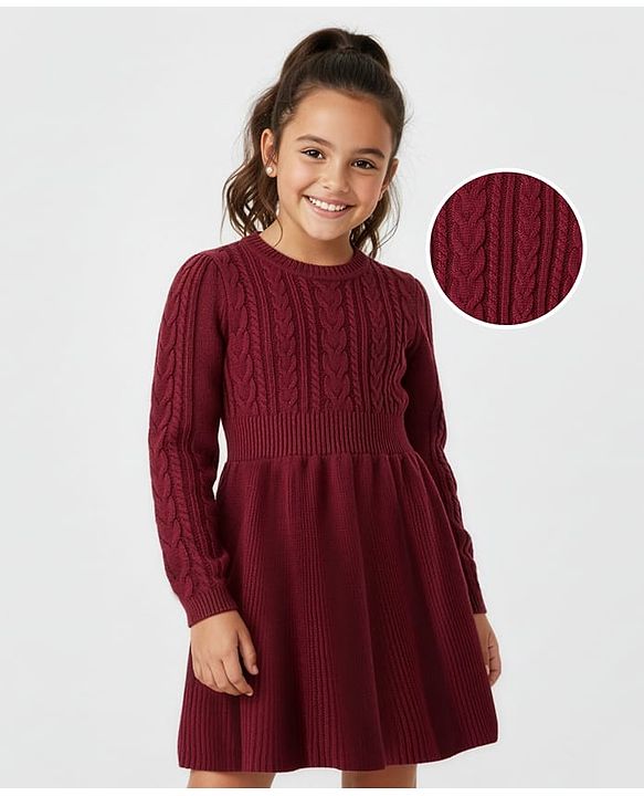 Pine Kids Knit Full Sleeves Woolen Dress  with Cable Knit Design - Maroon