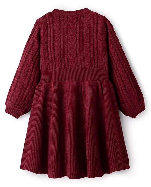 Pine Kids Knit Full Sleeves Woolen Dress  with Cable Knit Design - Maroon
