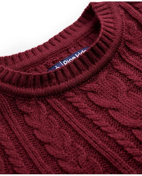 Pine Kids Knit Full Sleeves Woolen Dress  with Cable Knit Design - Maroon